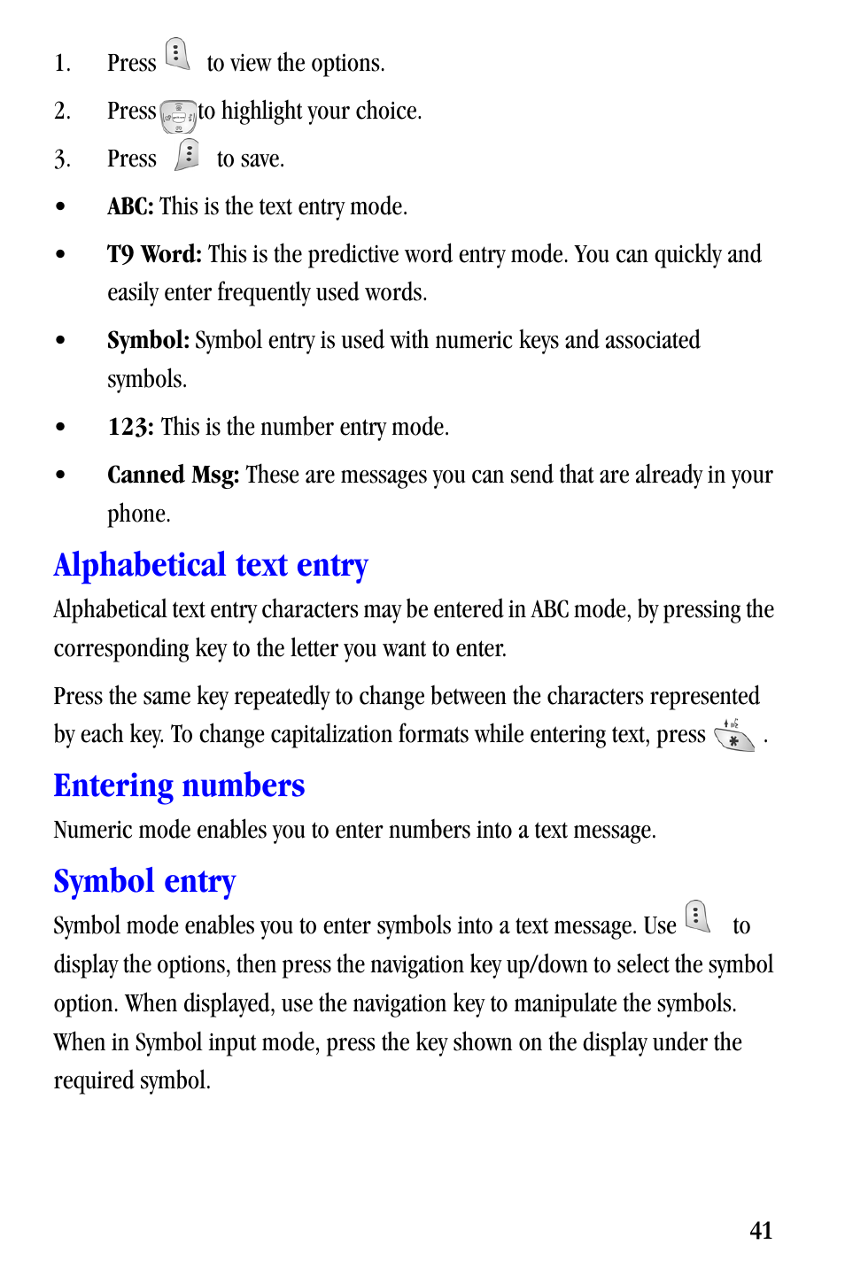 Alphabetical text entry, Entering numbers, Symbol entry | Samsung SCH-A530ZSVXAR User Manual | Page 53 / 137