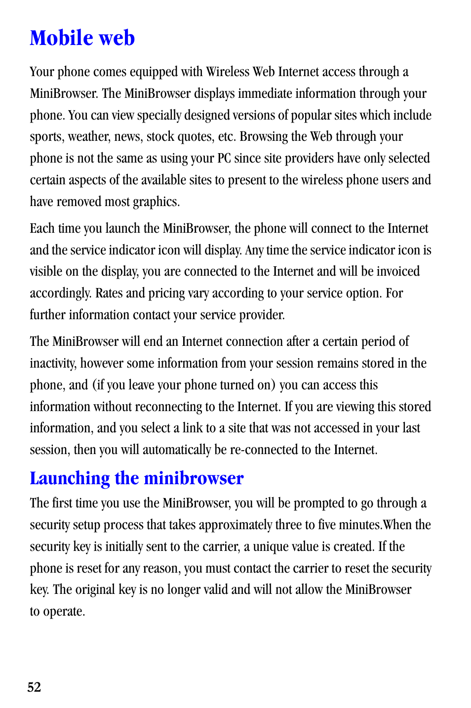 Mobile web, Launching the minibrowser | Samsung SCH-A530ZSVXAR User Manual | Page 64 / 137