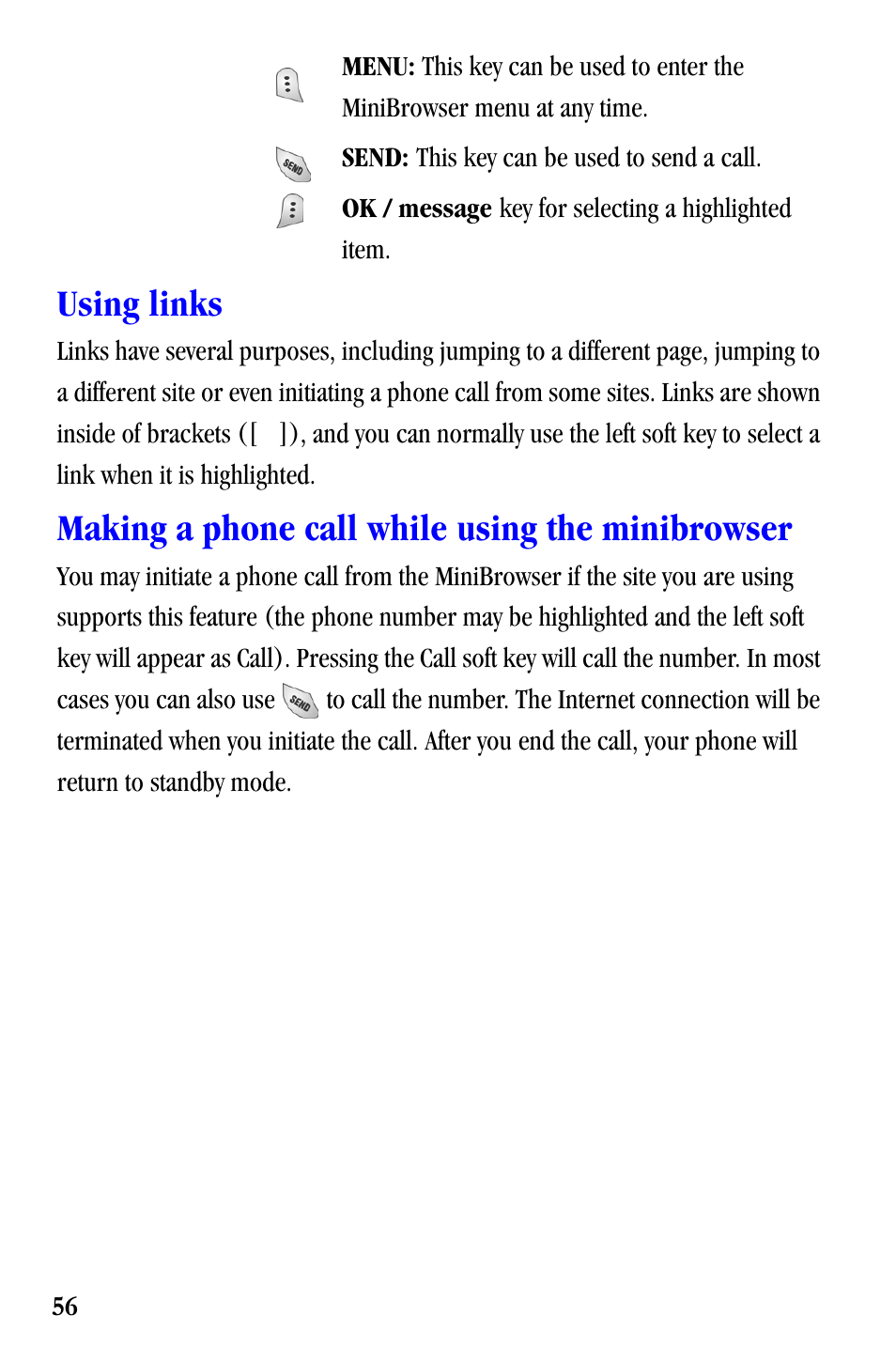 Using links, Making a phone call while using the minibrowser | Samsung SCH-A530ZSVXAR User Manual | Page 68 / 137