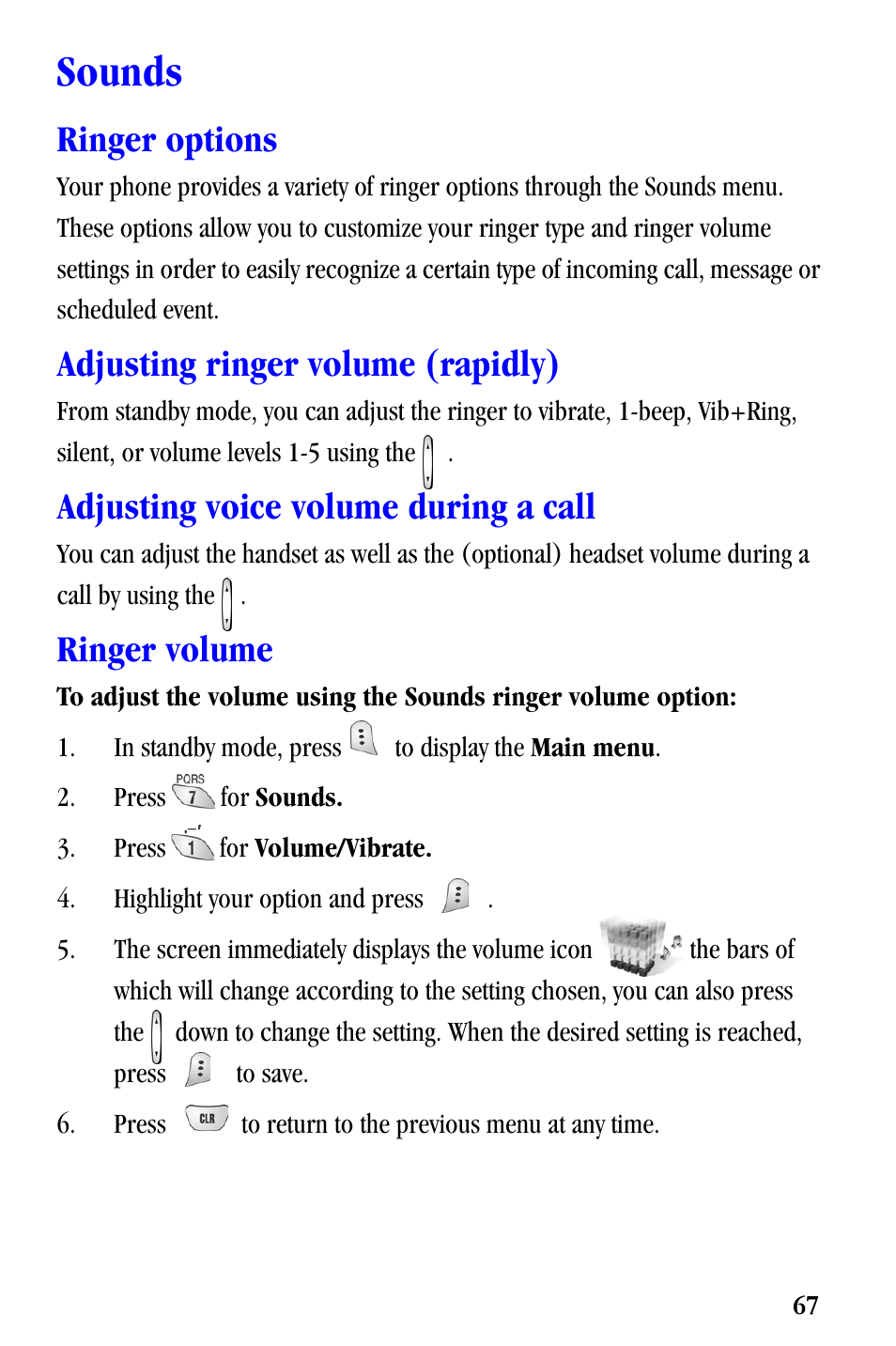 Sounds, Ringer options, Adjusting ringer volume (rapidly) | Adjusting voice volume during a call, Ringer volume | Samsung SCH-A530ZSVXAR User Manual | Page 79 / 137