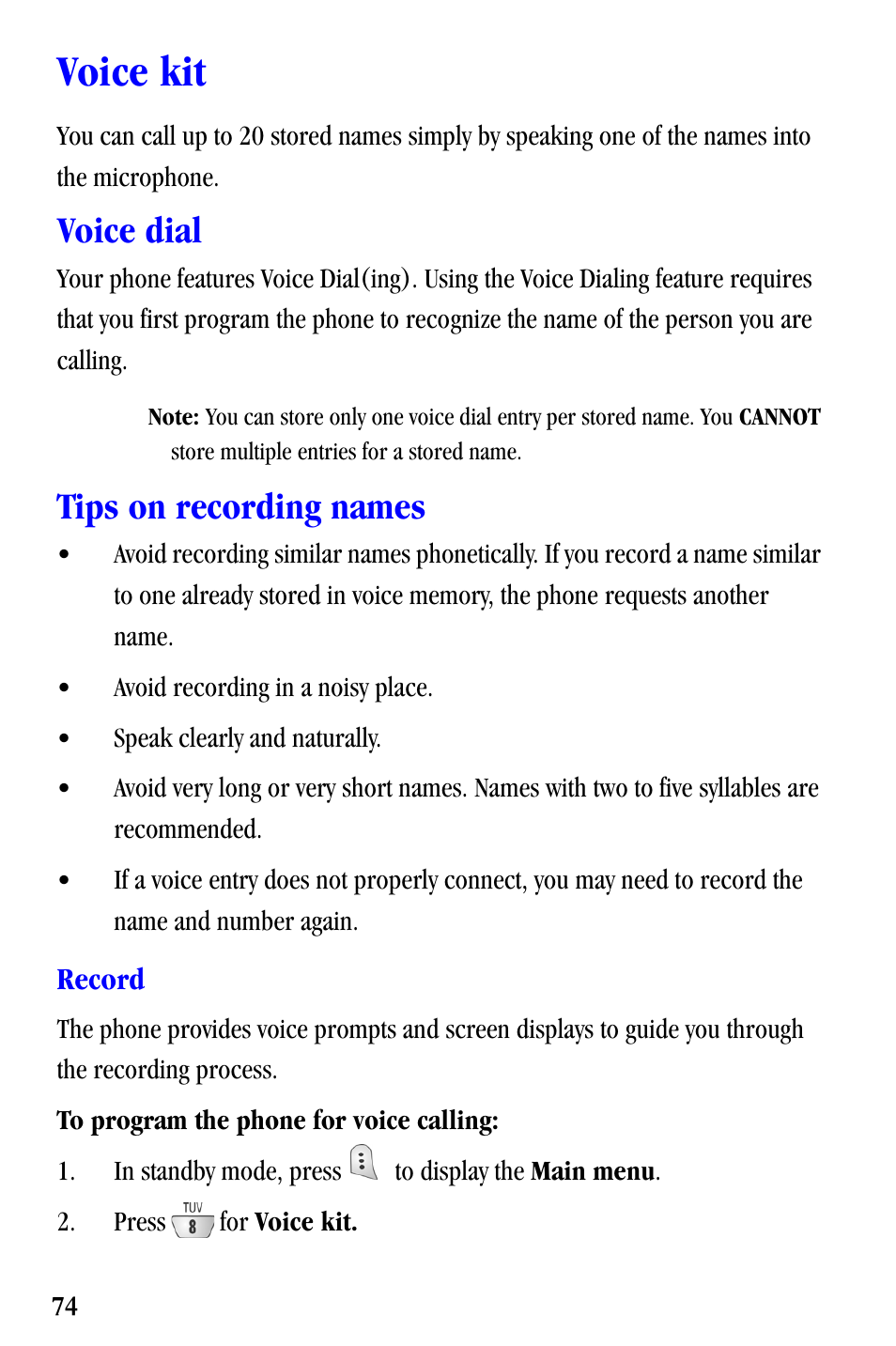 Voice kit, Voice dial, Tips on recording names | Samsung SCH-A530ZSVXAR User Manual | Page 86 / 137