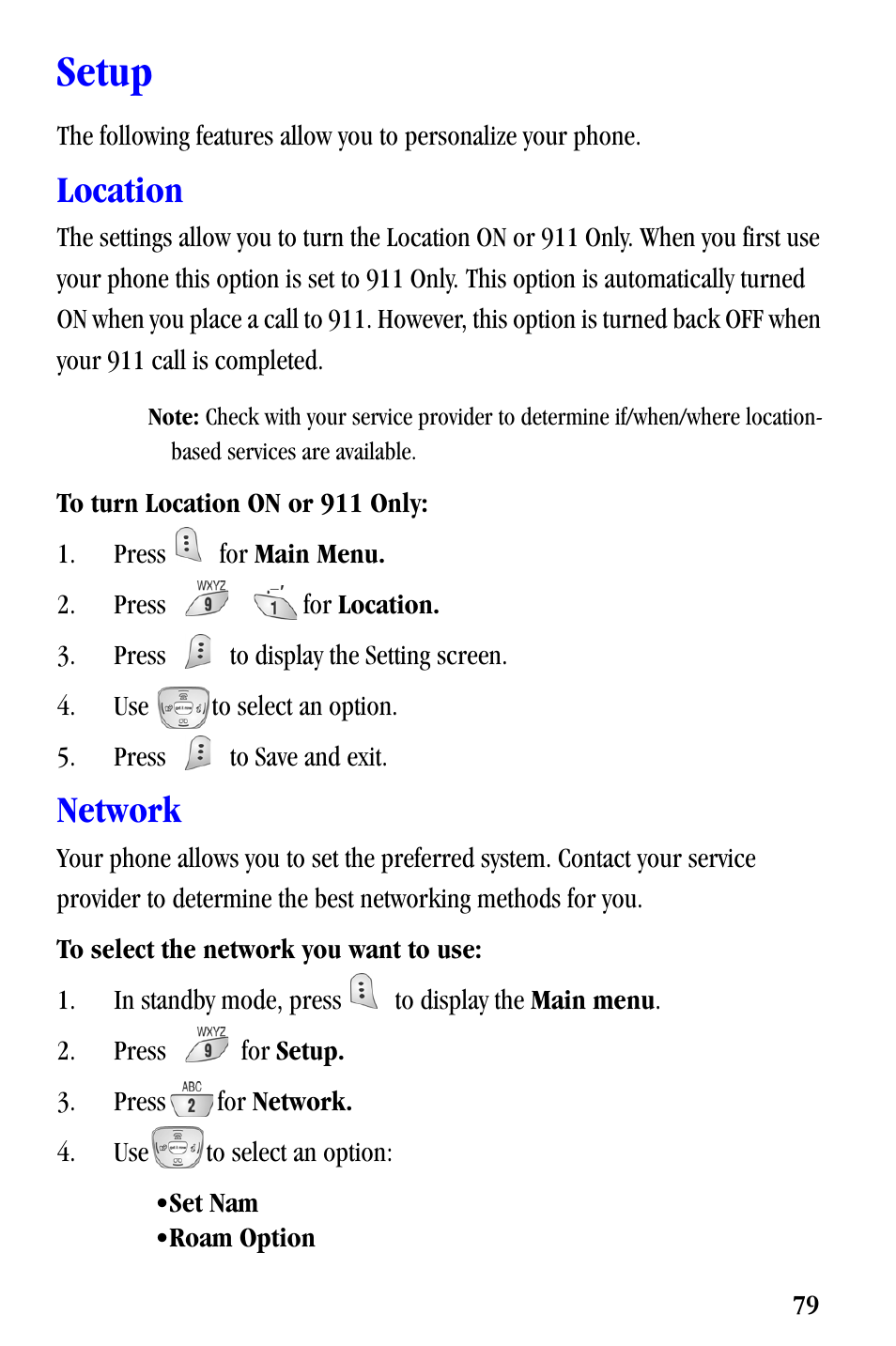 Setup, Location, Network | Samsung SCH-A530ZSVXAR User Manual | Page 91 / 137