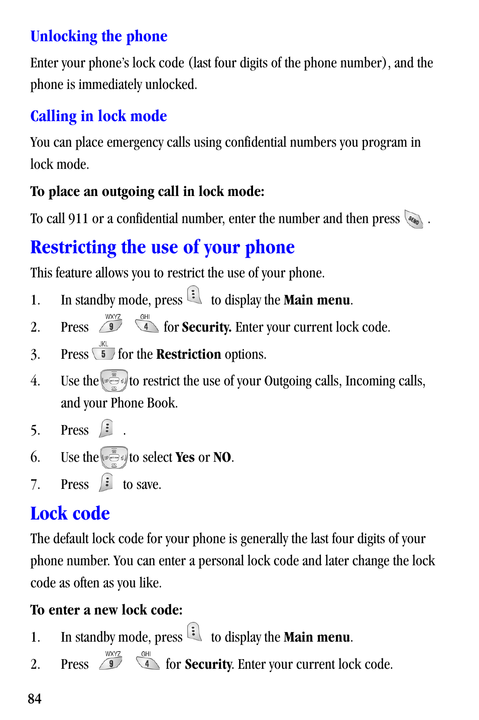 Restricting the use of your phone, Lock code | Samsung SCH-A530ZSVXAR User Manual | Page 96 / 137