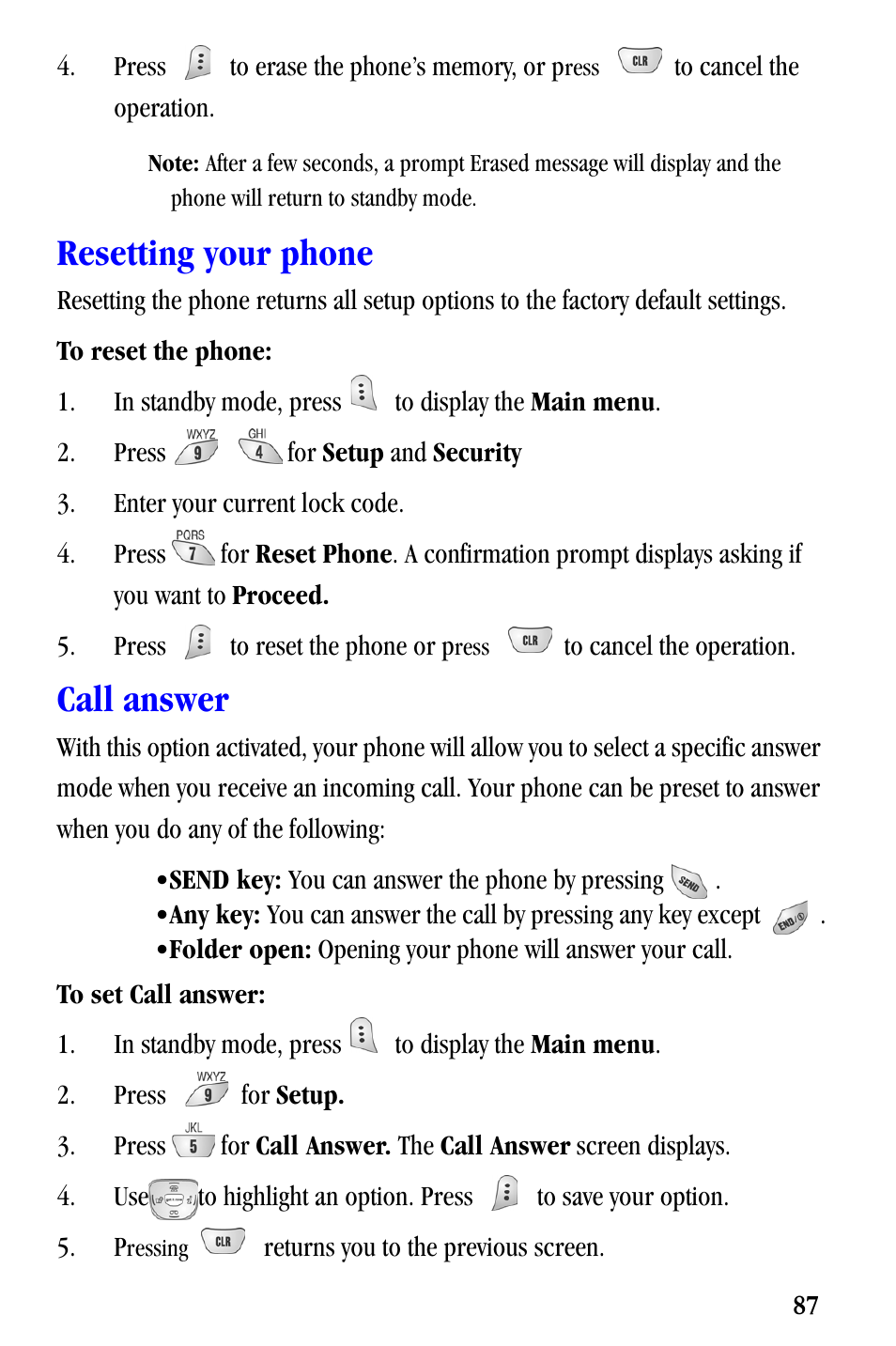 Resetting your phone, Call answer | Samsung SCH-A530ZSVXAR User Manual | Page 99 / 137