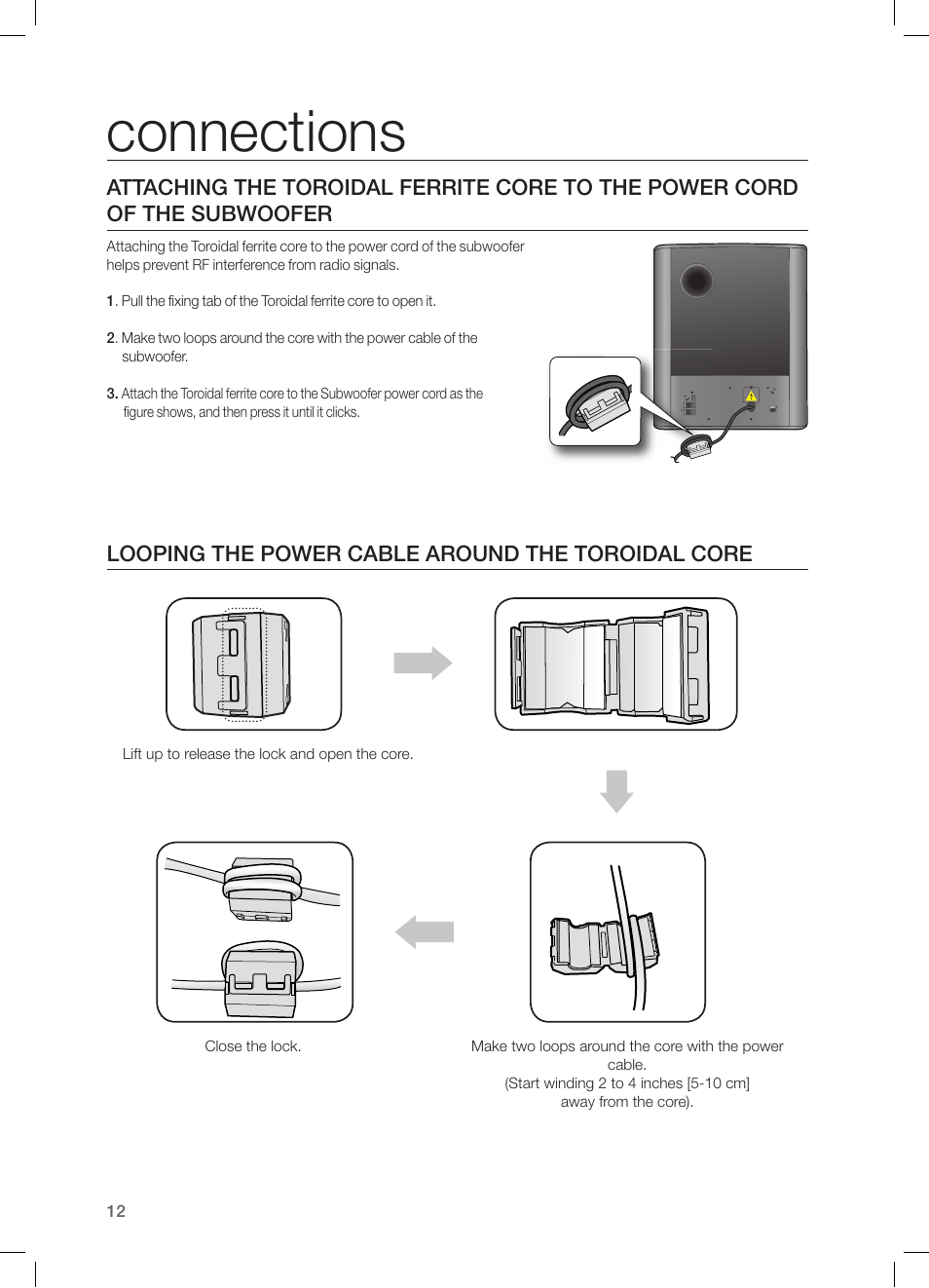 Looping the power cable around the toroidalcore, Connections, Looping the power cable around the toroidal core | Samsung HW-H550-ZA User Manual | Page 12 / 26