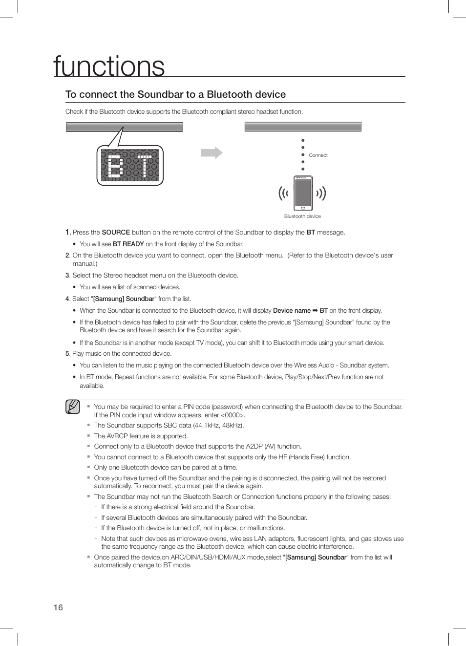 Bluetooth, Functions | Samsung HW-H550-ZA User Manual | Page 16 / 26