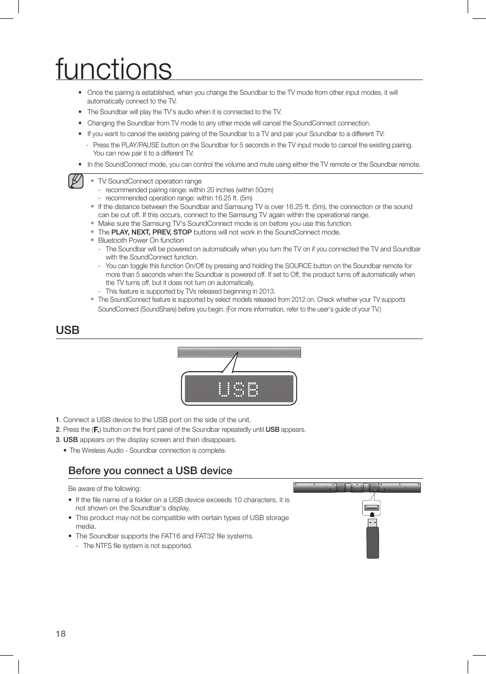 Functions, Before you connect a usb device | Samsung HW-H550-ZA User Manual | Page 18 / 26