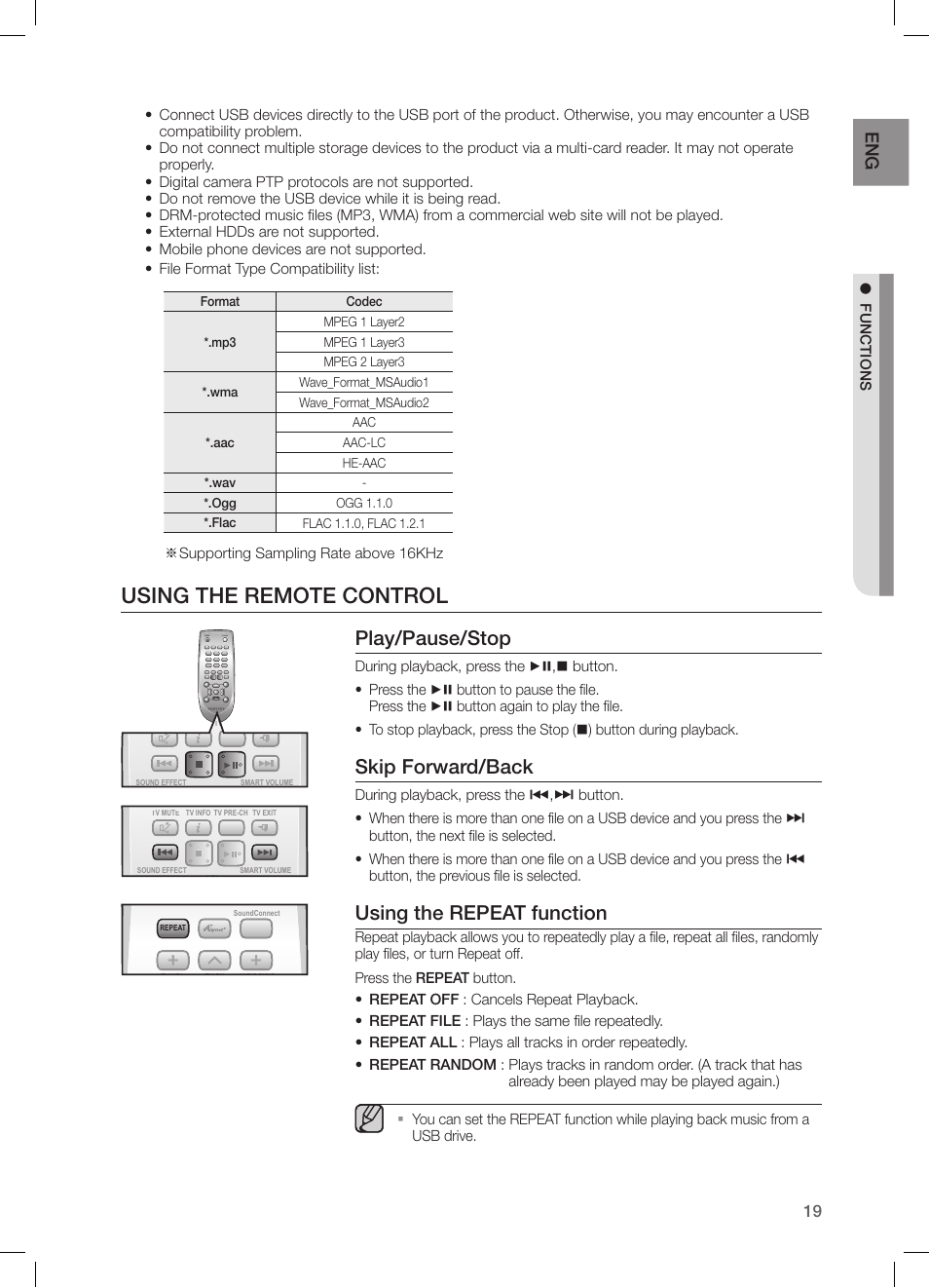 Using the remote control, Play/pause/stop, Skip forward/back | Using the repeat function, Supporting sampling rate above 16khz, Power tv power | Samsung HW-H550-ZA User Manual | Page 19 / 26