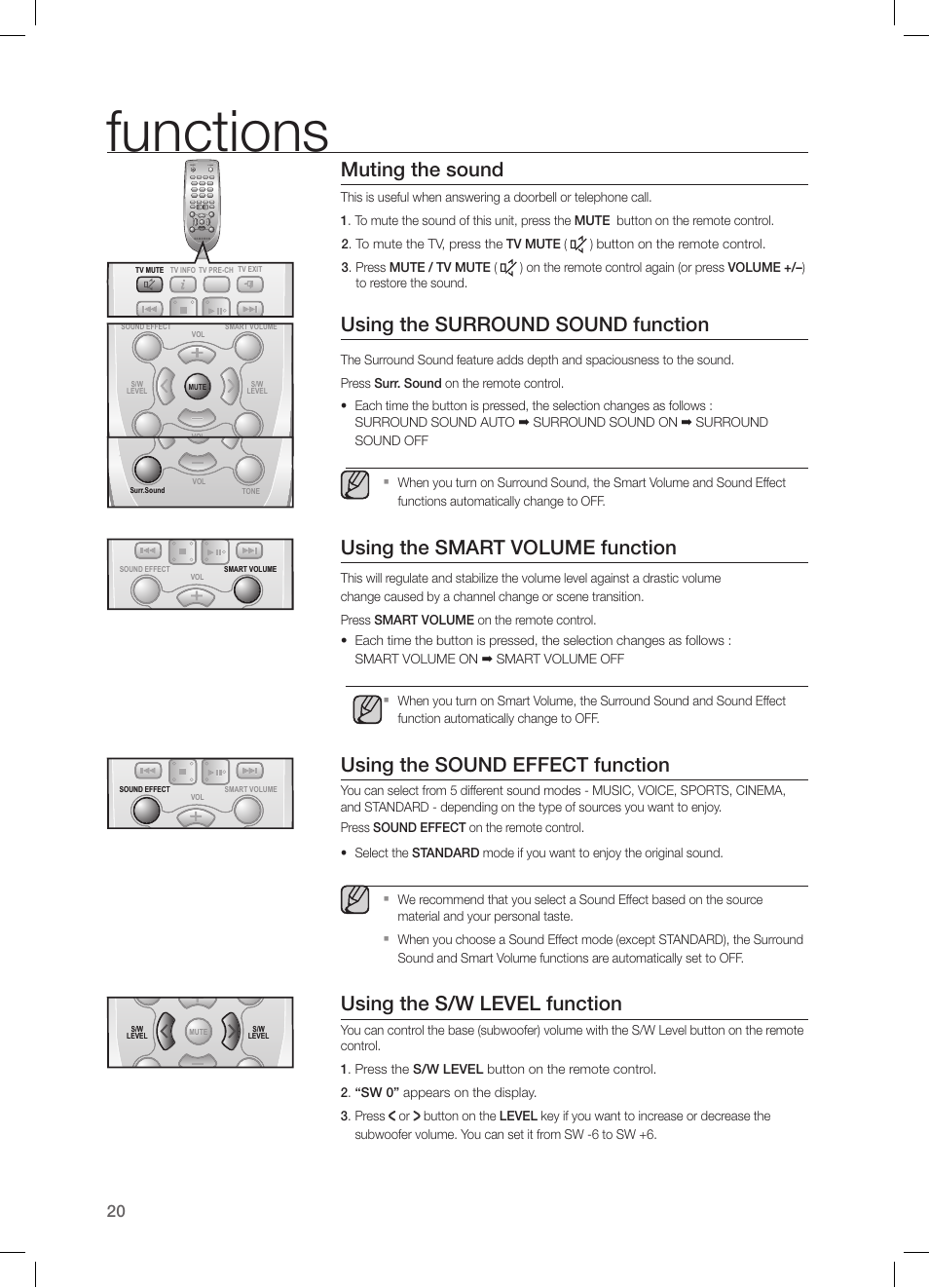 Functions, Muting the sound, Using the surround sound function | Using the smart volume function, Using the sound effect function, Using the s/w level function, Power tv power | Samsung HW-H550-ZA User Manual | Page 20 / 26