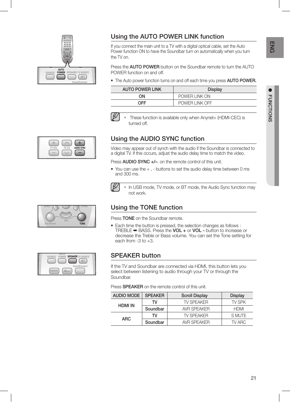 Using the auto power link function, Using the audio sync function, Using the tone function | Speaker button, Functions, Power tv power | Samsung HW-H550-ZA User Manual | Page 21 / 26