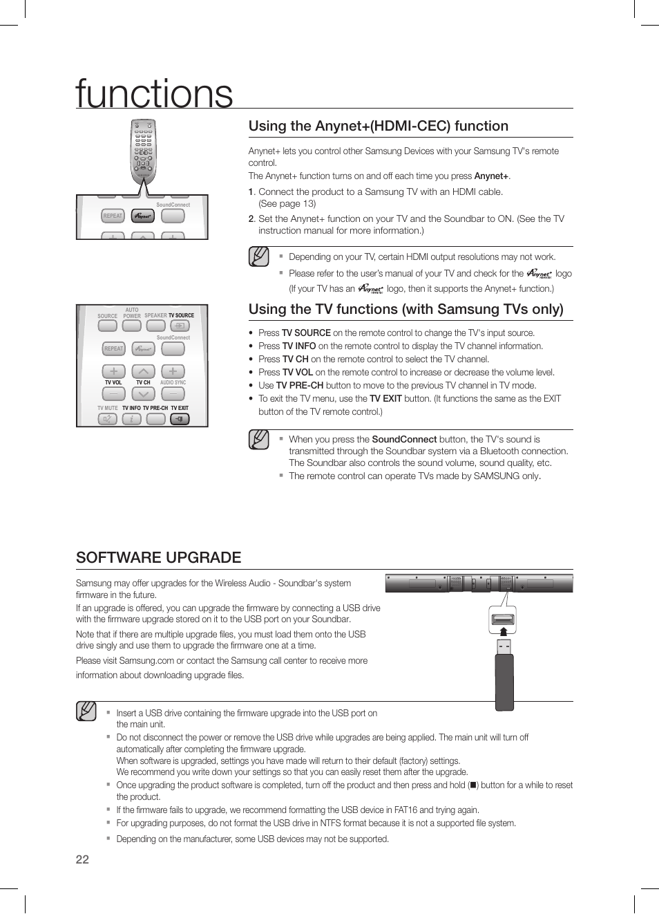 Software upgrade, Functions, Using the anynet+(hdmi-cec) function | Using the tv functions (with samsung tvs only) | Samsung HW-H550-ZA User Manual | Page 22 / 26