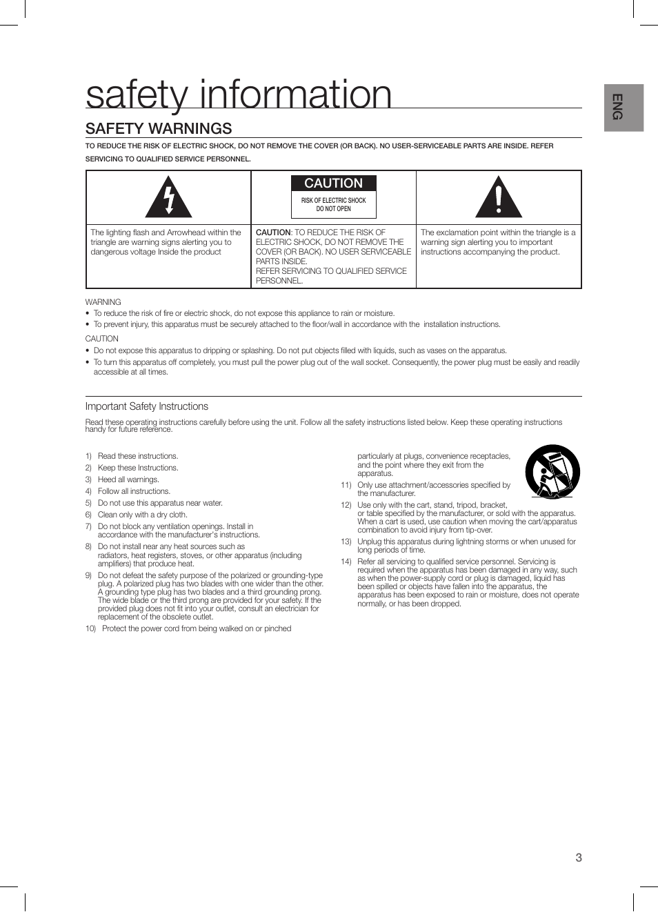 Safety information, Safety warnings, Caution | Samsung HW-H550-ZA User Manual | Page 3 / 26
