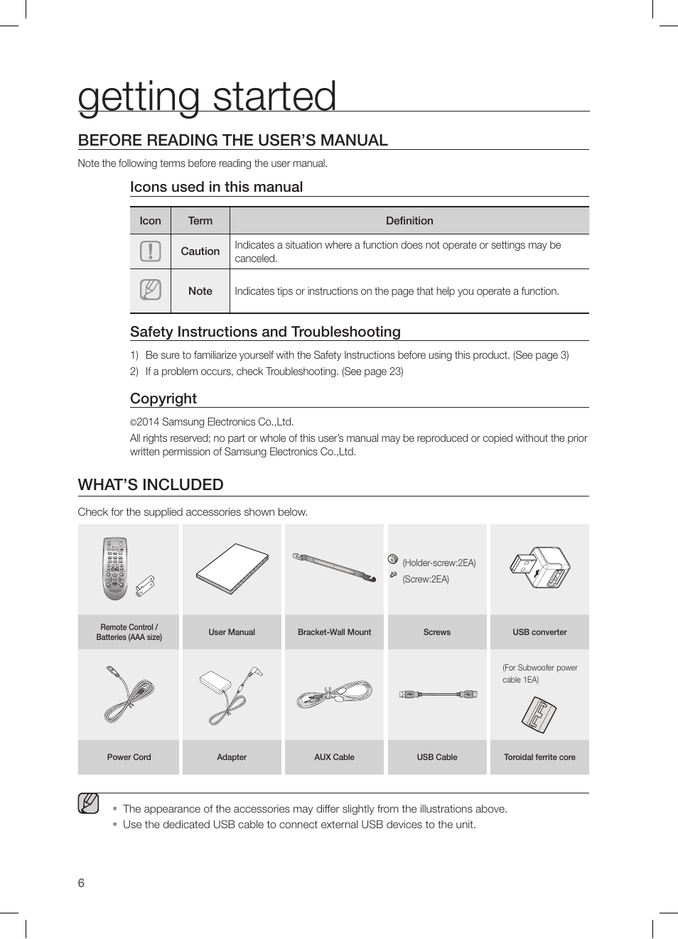 Getting started, Before reading the user’s manual, What’s included | Icons used in this manual, Safety instructions and troubleshooting, Copyright | Samsung HW-H550-ZA User Manual | Page 6 / 26