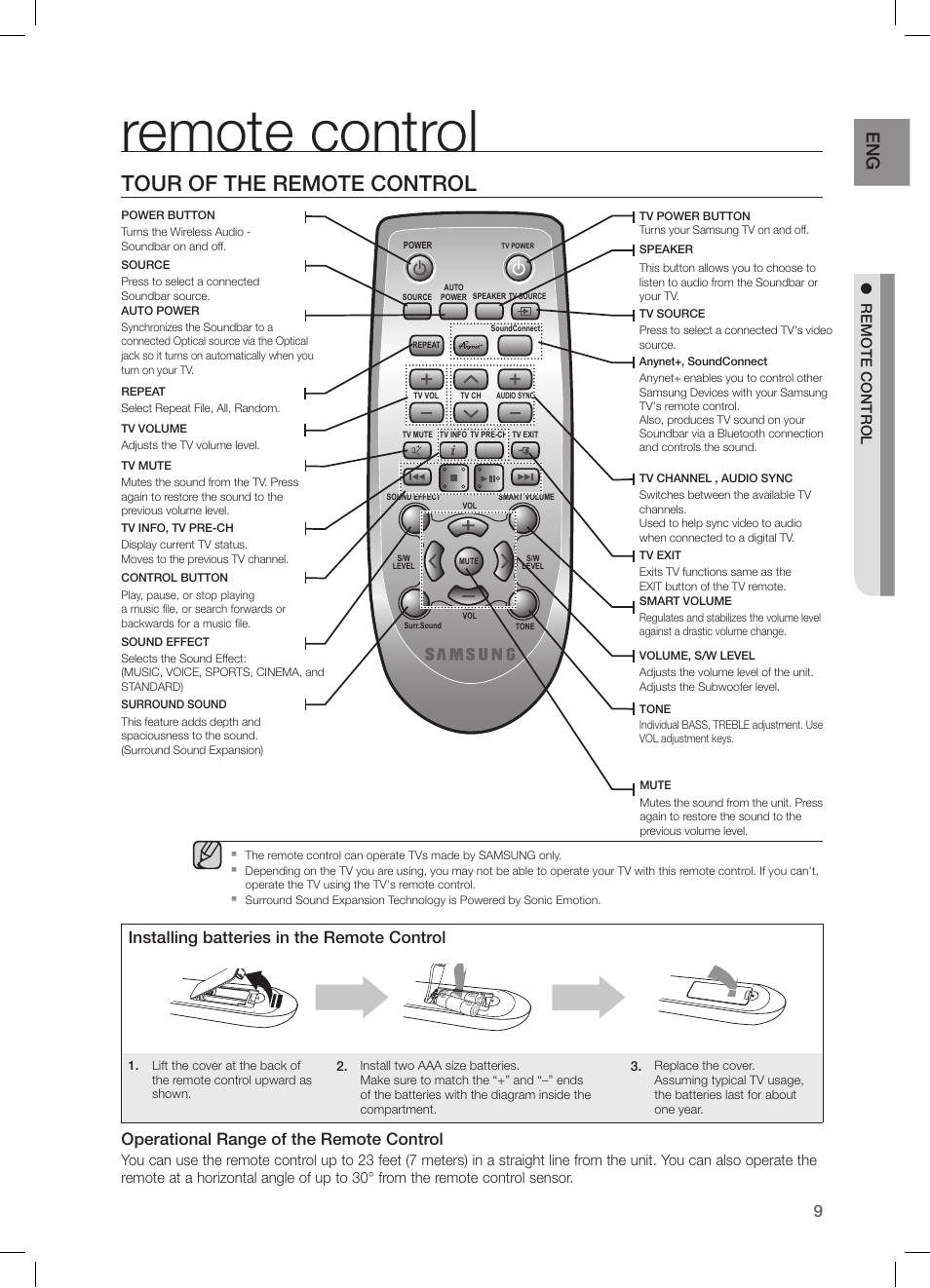 Remote control, Tour of the remote control, Installing batteries in the remote control | Operational range of the remote control | Samsung HW-H550-ZA User Manual | Page 9 / 26