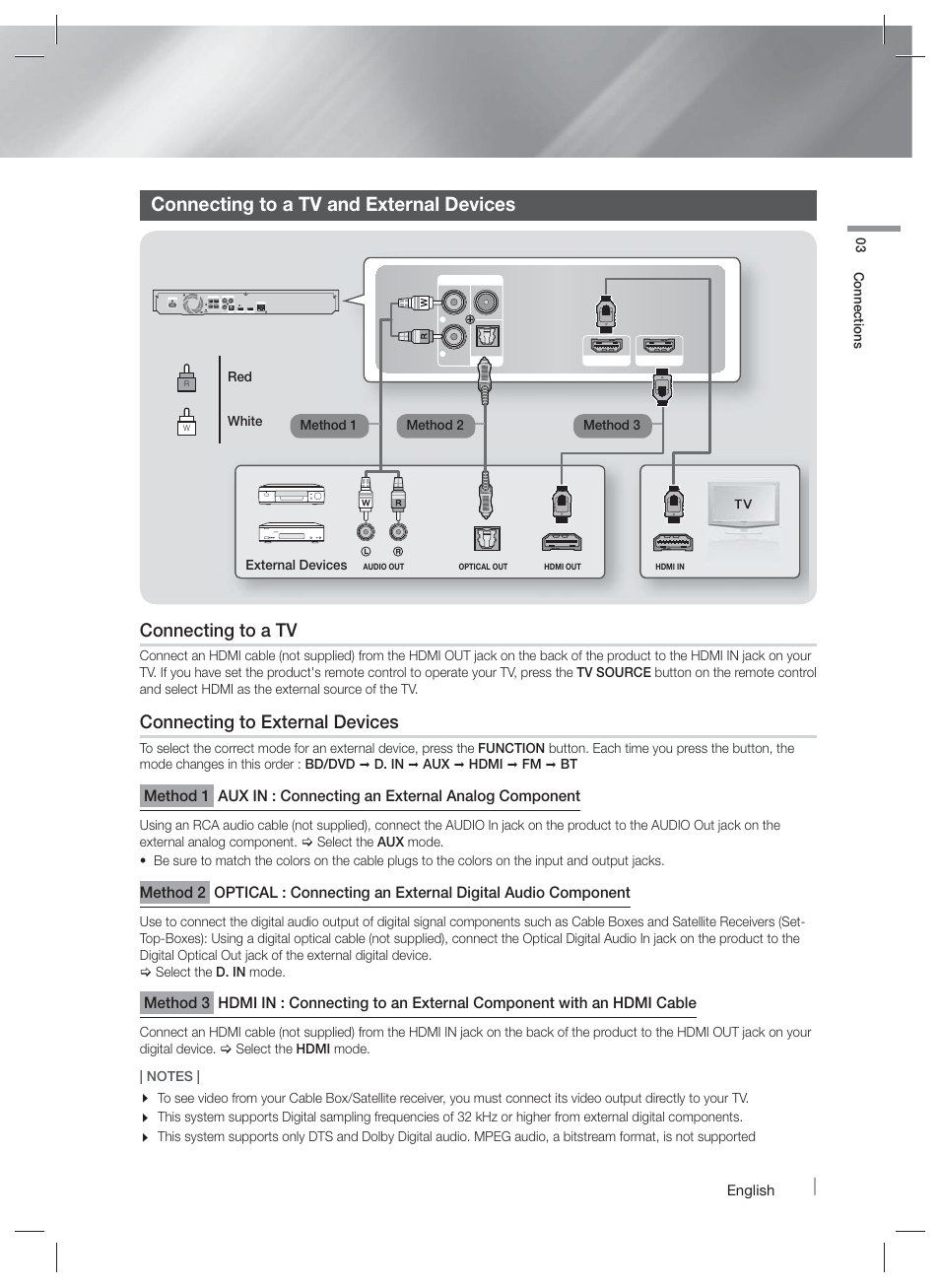 Connecting to a tv and external devices, Connecting to a network router, Connecting to a tv | Connecting to external devices | Samsung HT-F5500W-ZA User Manual | Page 17 / 58