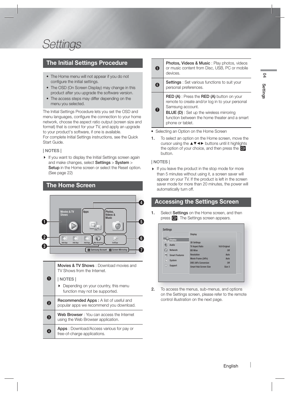 Settings, The initial settings procedure, The home screen | Accessing the settings screen, Settings menu functions | Samsung HT-F5500W-ZA User Manual | Page 19 / 58