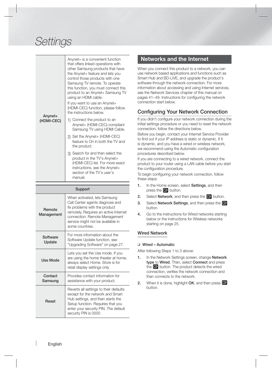 Settings, Networks and the internet, Configuring your network connection | Samsung HT-F5500W-ZA User Manual | Page 24 / 58