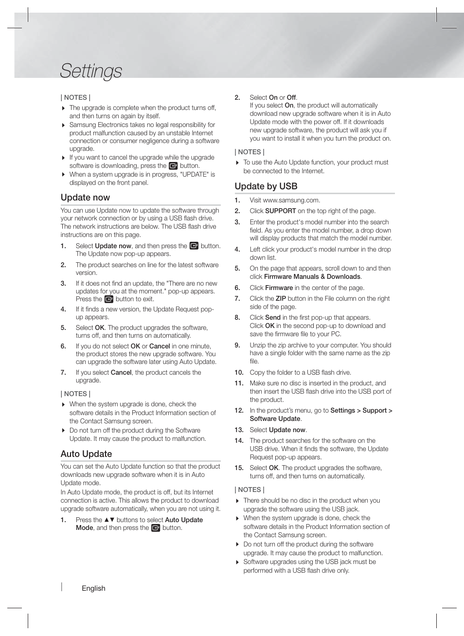 Settings, Update now, Auto update | Update by usb | Samsung HT-F5500W-ZA User Manual | Page 28 / 58
