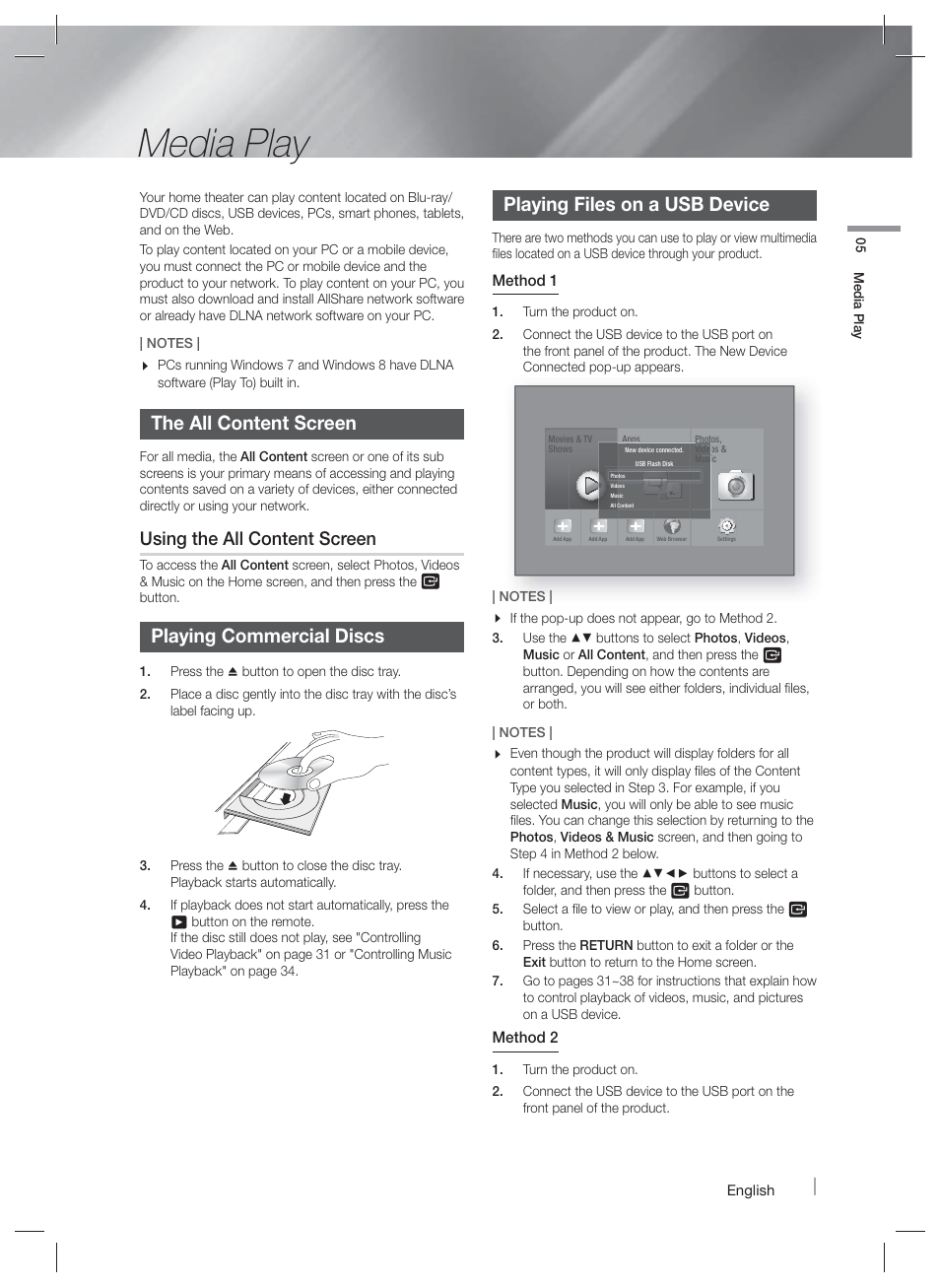 Media play, The all content screen, Playing commercial discs | Playing files on a usb device, Playing a disc with user recordedcontent, Using the allshare networkfunction, Using the all content screen | Samsung HT-F5500W-ZA User Manual | Page 29 / 58