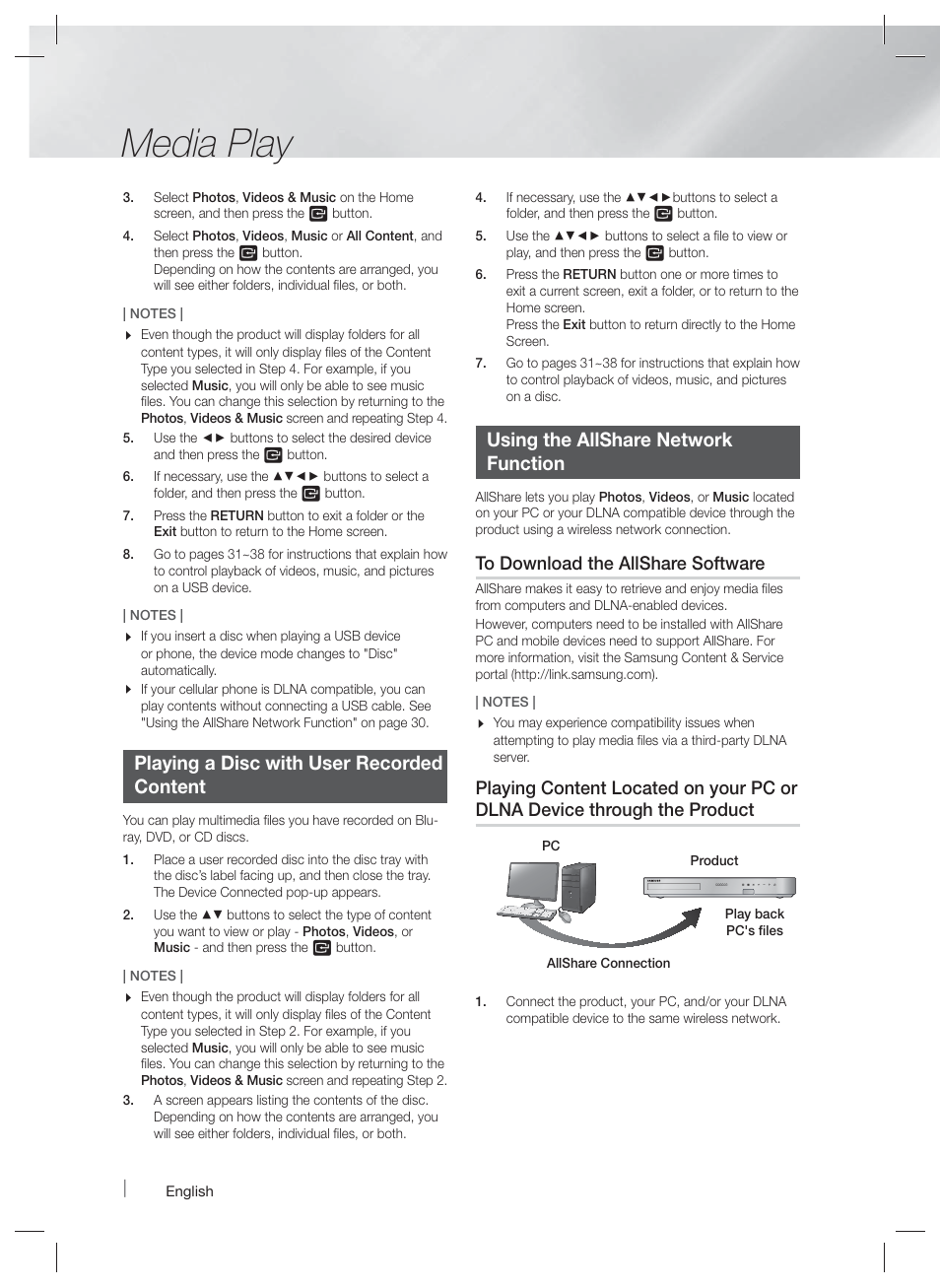 Media play, Playing a disc with user recorded content, Using the allshare network function | Samsung HT-F5500W-ZA User Manual | Page 30 / 58