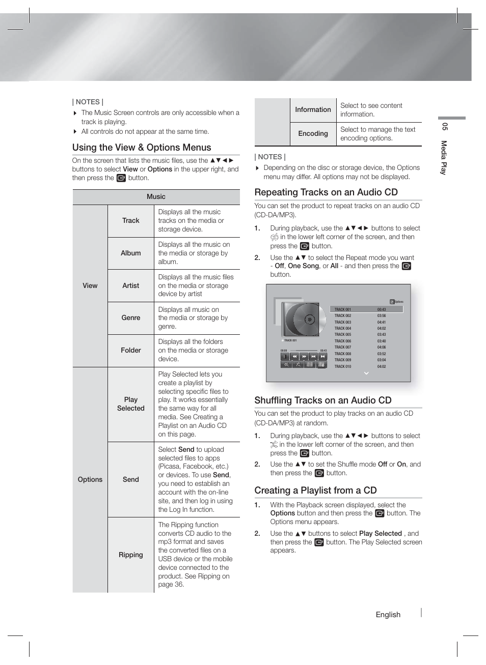 Using the view & options menus, Repeating tracks on an audio cd, Shuffling tracks on an audio cd | Creating a playlist from a cd | Samsung HT-F5500W-ZA User Manual | Page 35 / 58
