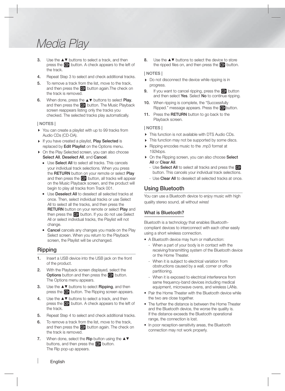 Media play, Ripping, Using bluetooth | Samsung HT-F5500W-ZA User Manual | Page 36 / 58