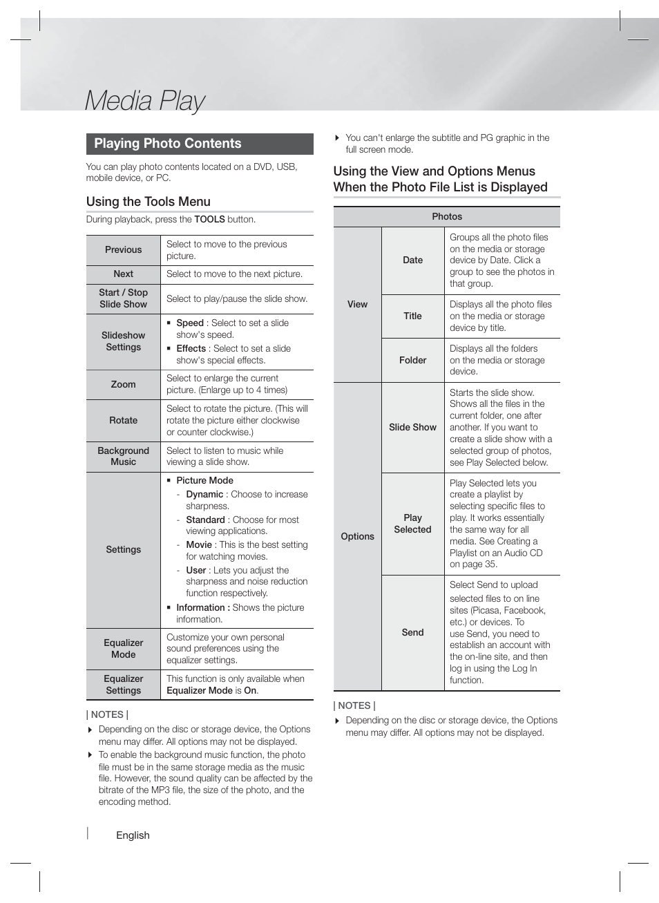 Media play, Playing photo contents, Using the tools menu | Samsung HT-F5500W-ZA User Manual | Page 38 / 58
