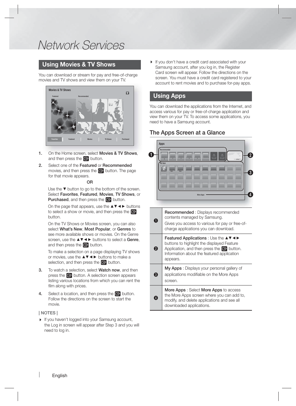 Network services, Using movies & tv shows, Using apps | The apps screen at a glance | Samsung HT-F5500W-ZA User Manual | Page 42 / 58