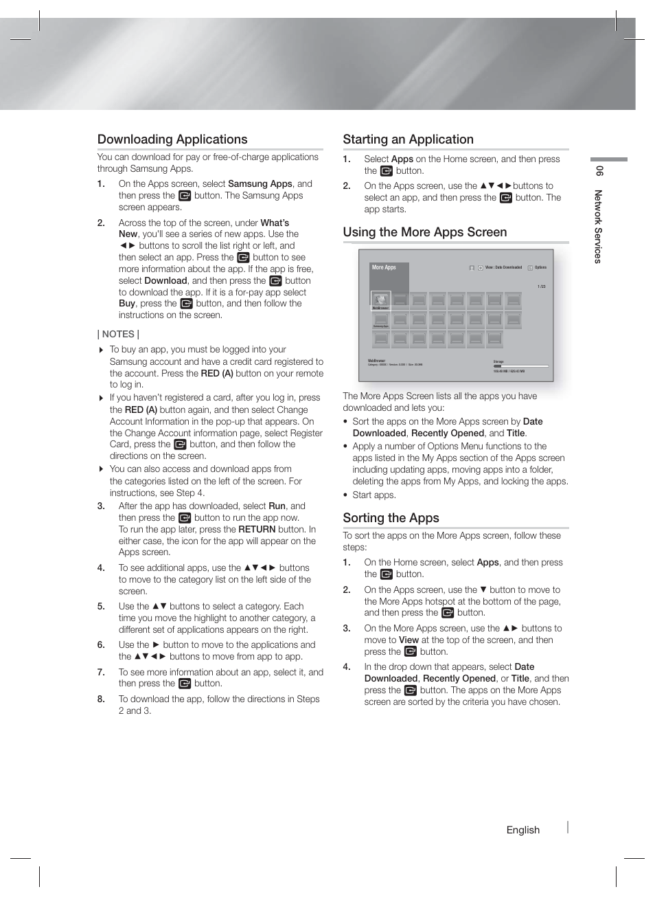 Downloading applications, Starting an application, Using the more apps screen | Sorting the apps | Samsung HT-F5500W-ZA User Manual | Page 43 / 58