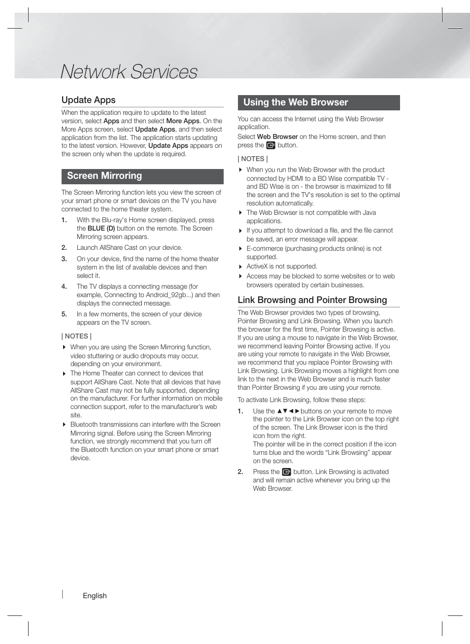 Network services, Screen mirroring, Using the web browser | Samsung HT-F5500W-ZA User Manual | Page 46 / 58