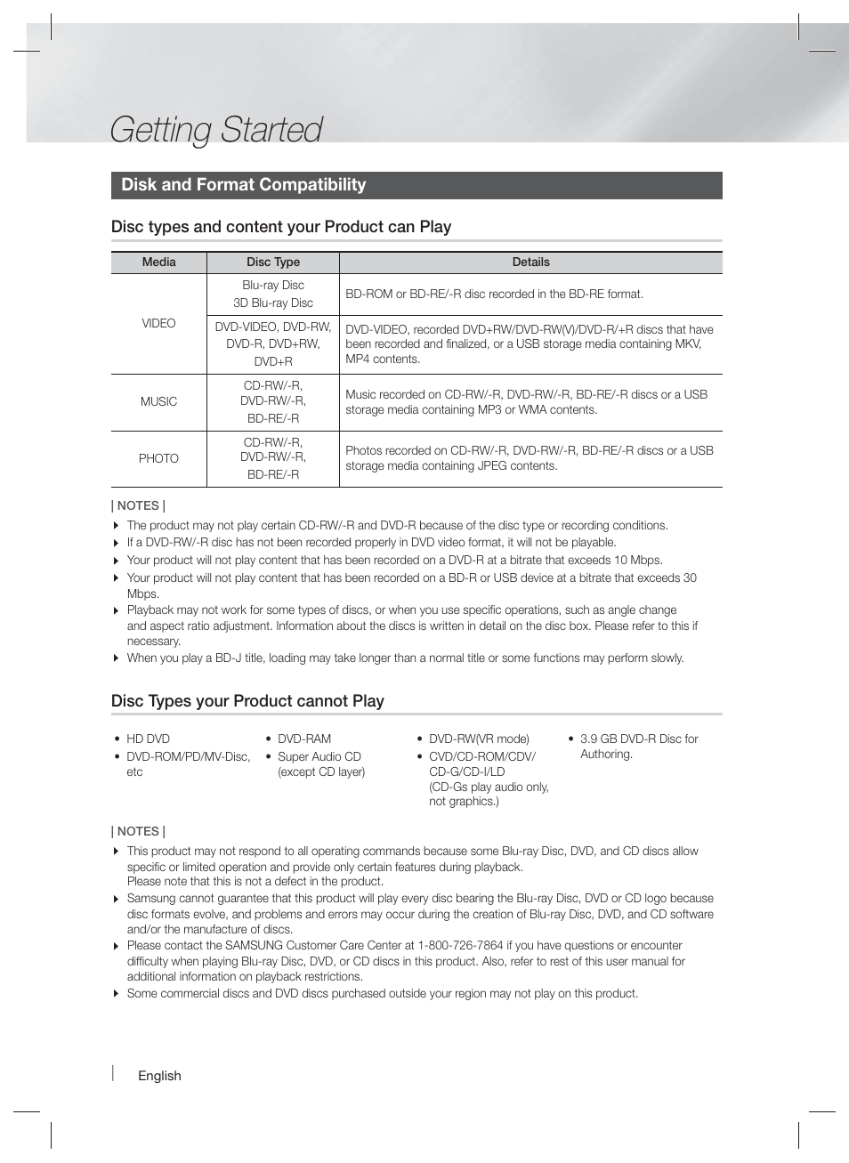Getting started, Disk and format compatibility, Disc types and content your product can play | Disc types your product cannot play | Samsung HT-F5500W-ZA User Manual | Page 6 / 58