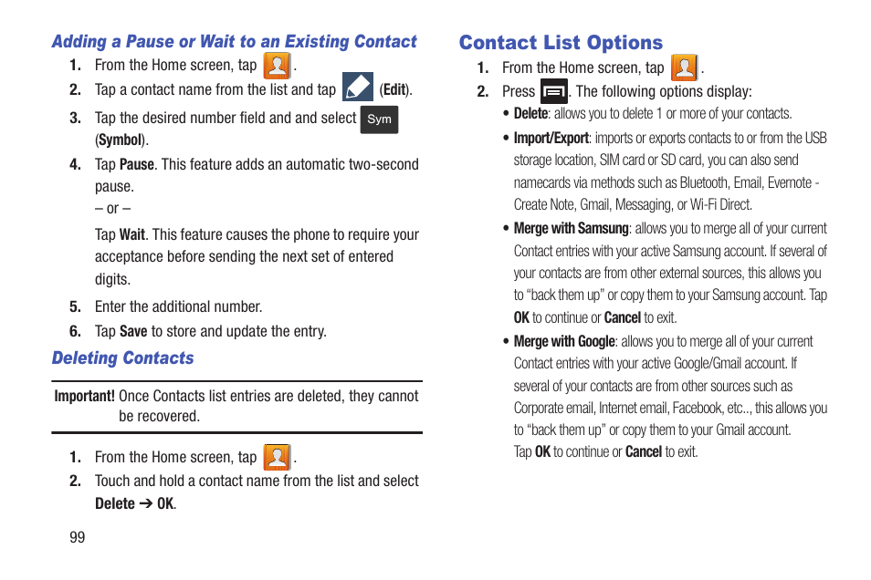 Contact list options | Samsung SGH-T699DABTMB User Manual | Page 104 / 353