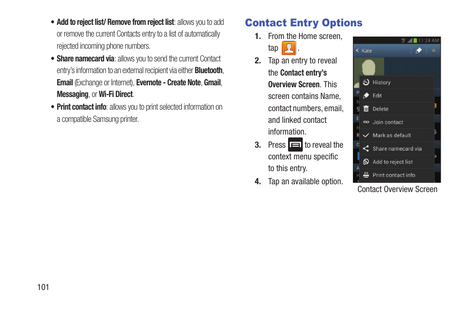 Contact entry options | Samsung SGH-T699DABTMB User Manual | Page 106 / 353