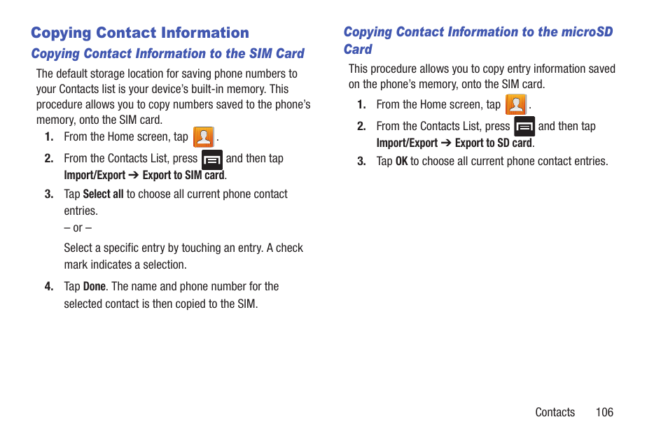 Copying contact information | Samsung SGH-T699DABTMB User Manual | Page 111 / 353