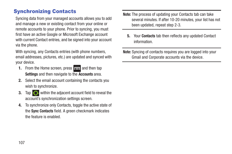 Synchronizing contacts | Samsung SGH-T699DABTMB User Manual | Page 112 / 353