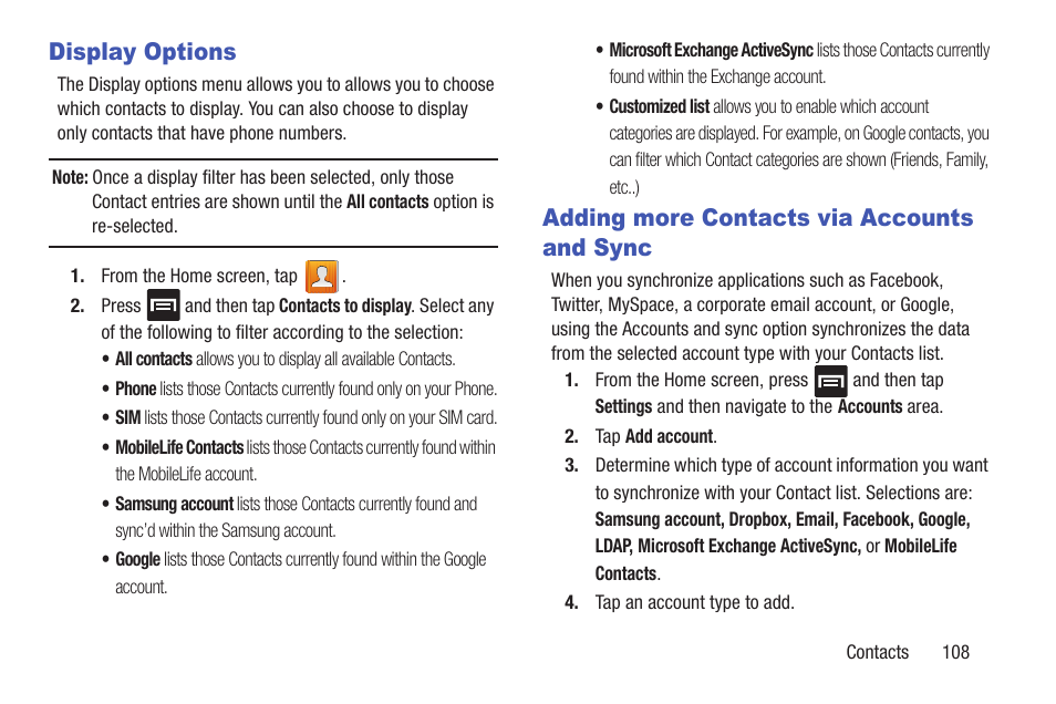 Display options, Adding more contacts via accounts and sync, Display options adding more contacts via accounts | And sync | Samsung SGH-T699DABTMB User Manual | Page 113 / 353