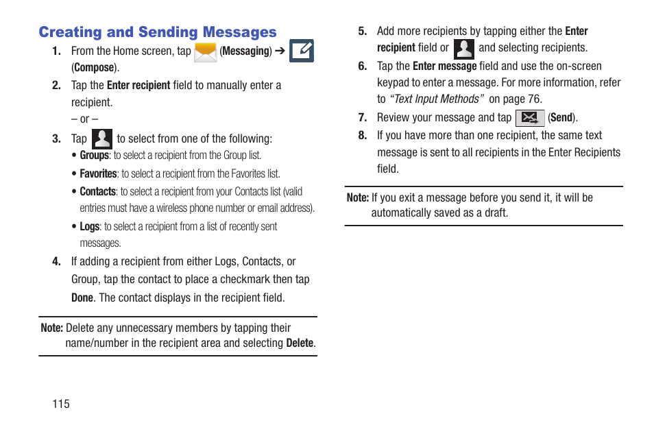 Creating and sending messages | Samsung SGH-T699DABTMB User Manual | Page 120 / 353