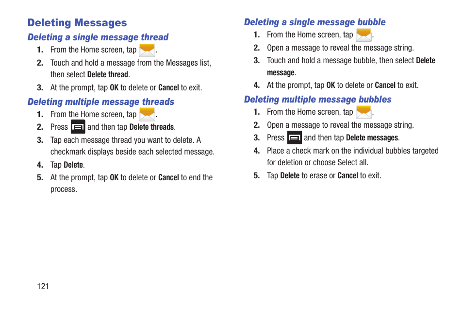 Deleting messages, Te. for more information, Refer to “deleting a single message thread” on | Samsung SGH-T699DABTMB User Manual | Page 126 / 353