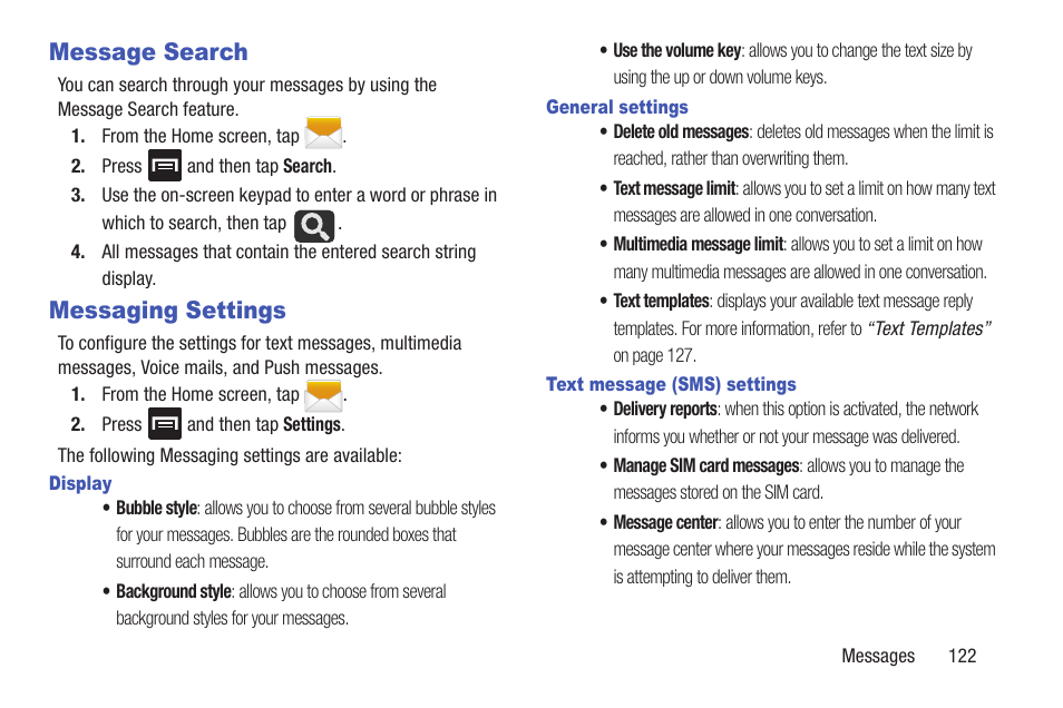 Message search, Messaging settings, Message search messaging settings | For more information, refer to “message search” on, Gs. for more | Samsung SGH-T699DABTMB User Manual | Page 127 / 353