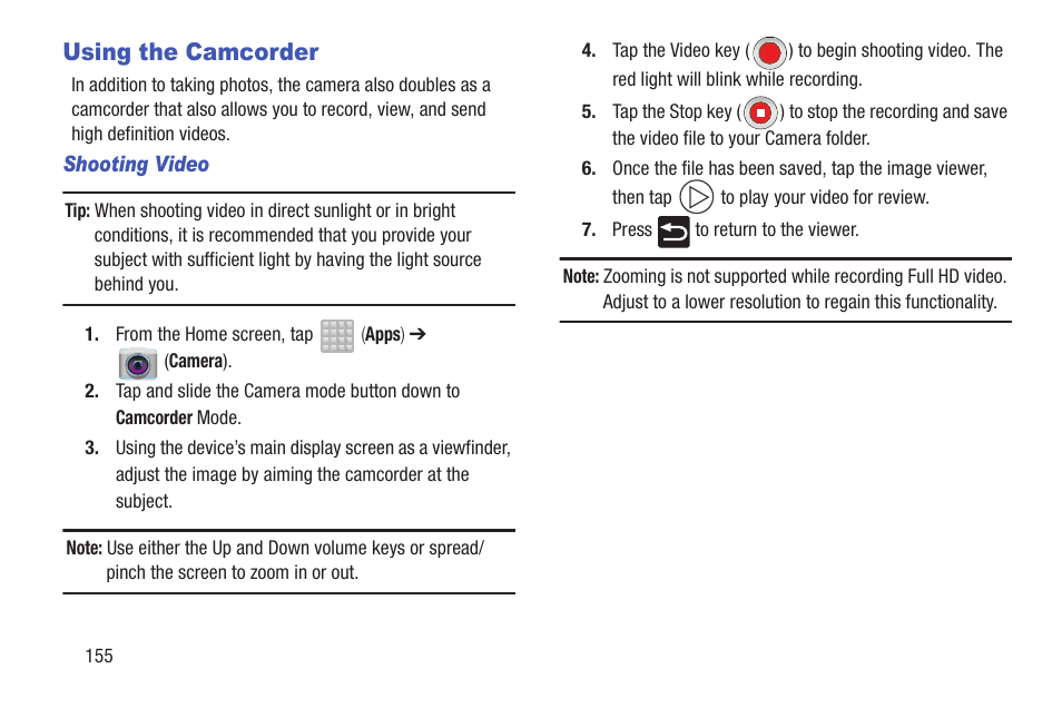 Using the camcorder | Samsung SGH-T699DABTMB User Manual | Page 160 / 353