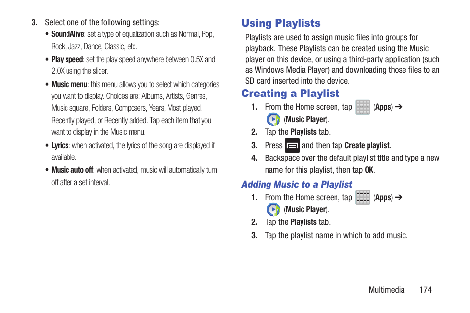 Using playlists, Creating a playlist | Samsung SGH-T699DABTMB User Manual | Page 179 / 353