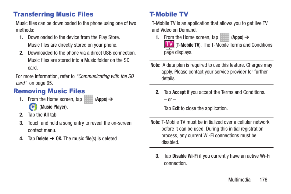 Transferring music files, Removing music files, T-mobile tv | Samsung SGH-T699DABTMB User Manual | Page 181 / 353