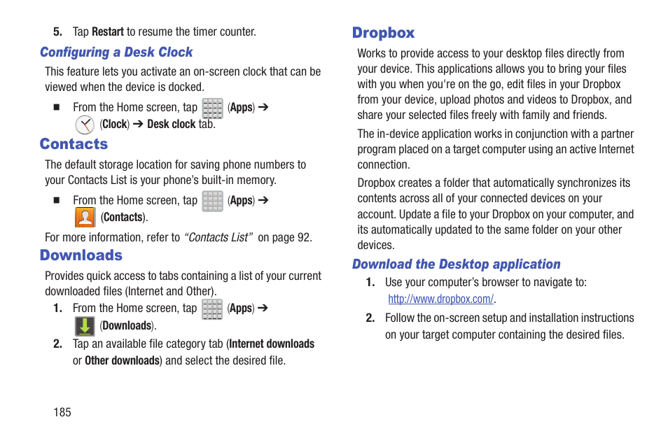 Contacts, Downloads, Dropbox | Contacts downloads dropbox | Samsung SGH-T699DABTMB User Manual | Page 190 / 353