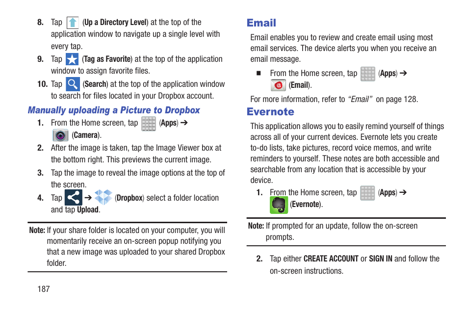 Email, Evernote, Email evernote | Samsung SGH-T699DABTMB User Manual | Page 192 / 353