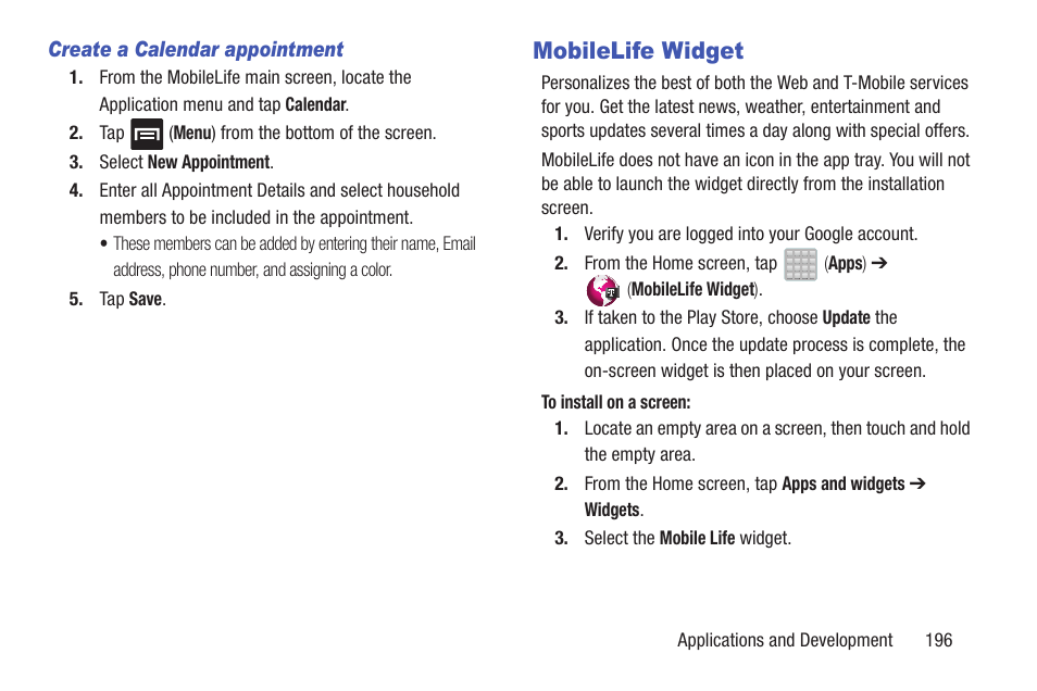 Mobilelife widget | Samsung SGH-T699DABTMB User Manual | Page 201 / 353