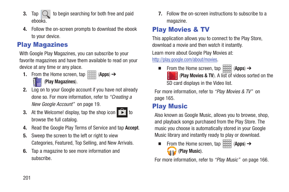 Play magazines, Play movies & tv, Play music | Play magazines play movies & tv play music | Samsung SGH-T699DABTMB User Manual | Page 206 / 353