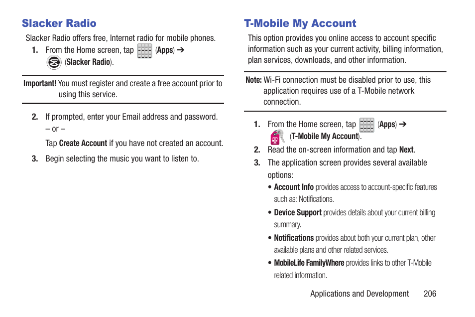 Slacker radio, T-mobile my account, Slacker radio t-mobile my account | Samsung SGH-T699DABTMB User Manual | Page 211 / 353