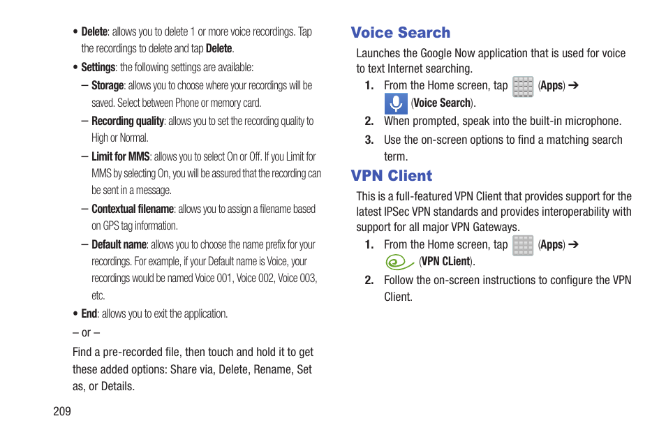 Voice search, Vpn client, Voice search vpn client | Samsung SGH-T699DABTMB User Manual | Page 214 / 353