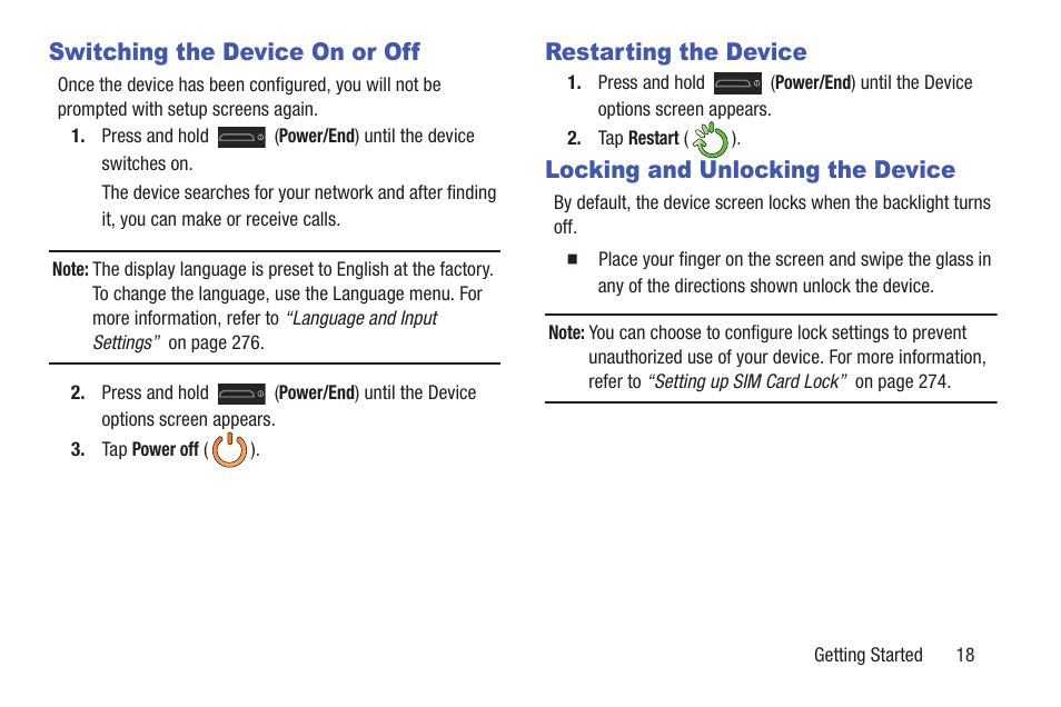 Switching the device on or off, Restarting the device, Locking and unlocking the device | Samsung SGH-T699DABTMB User Manual | Page 23 / 353