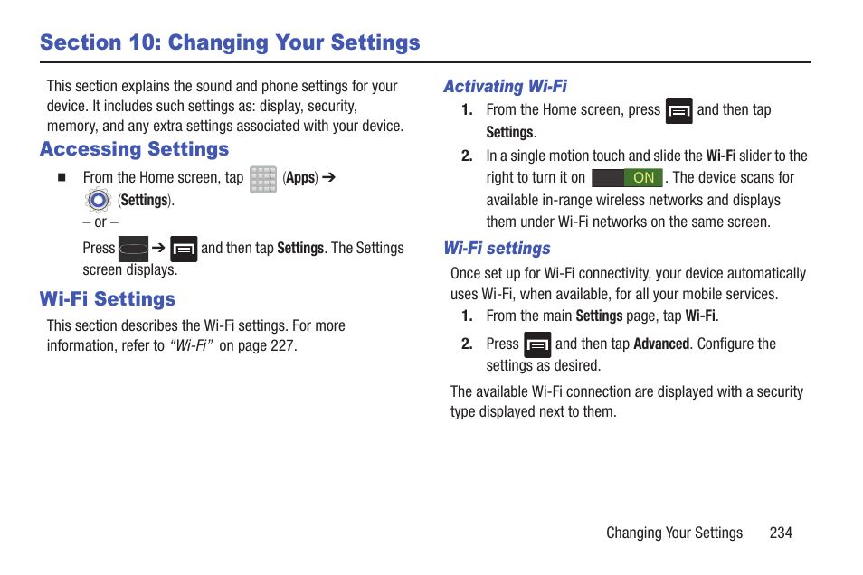 Section 10: changing your settings, Accessing settings, Wi-fi settings | Accessing settings wi-fi settings | Samsung SGH-T699DABTMB User Manual | Page 239 / 353